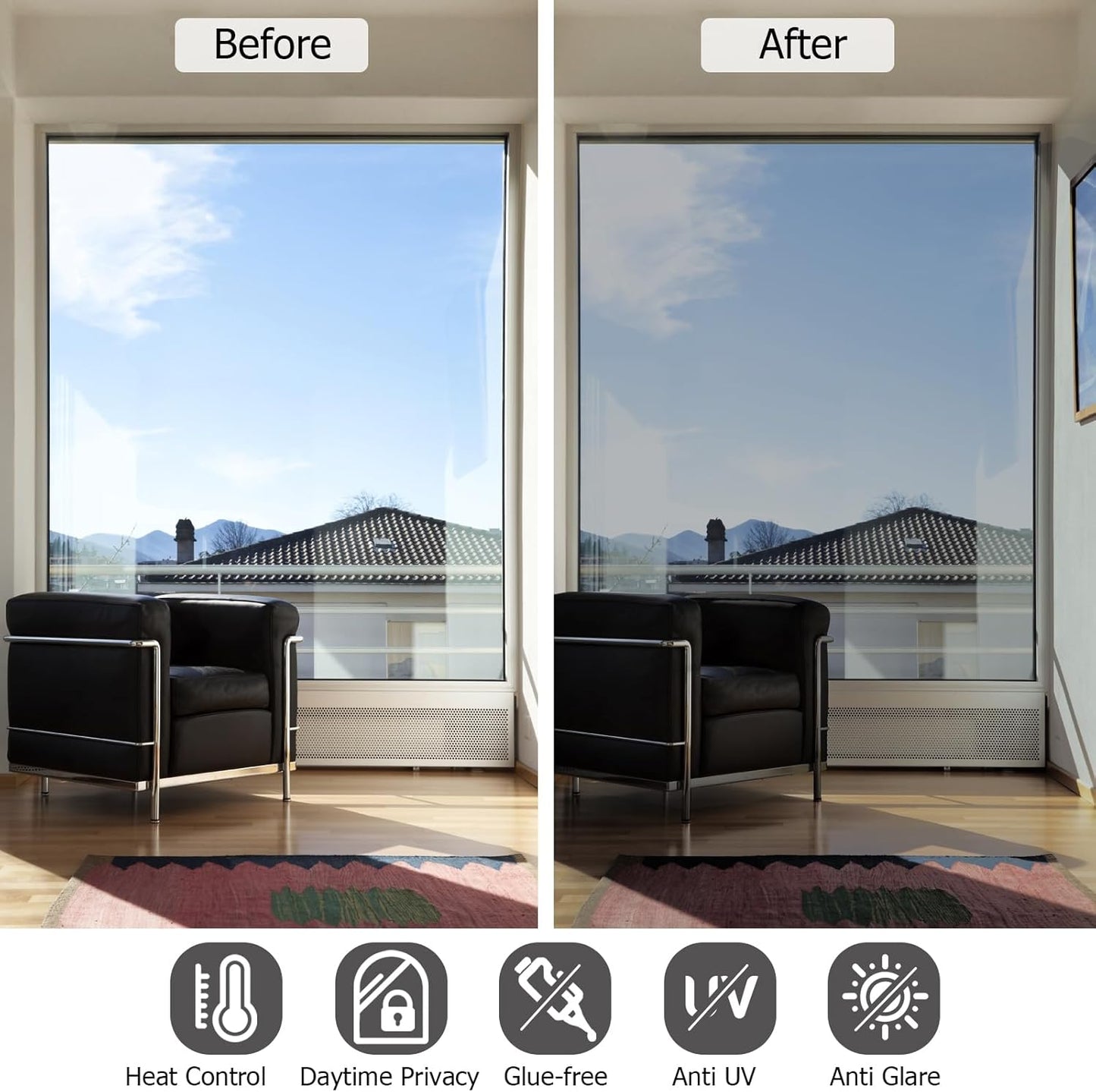 HIDBEA One Way Privacy Window Film, Daytime Privacy Sun Blocking Anti UV Reflective Window film Heat Control Static Cling Window Tint film for Home and Office, Silver, 35.4 x 393.7 Inch