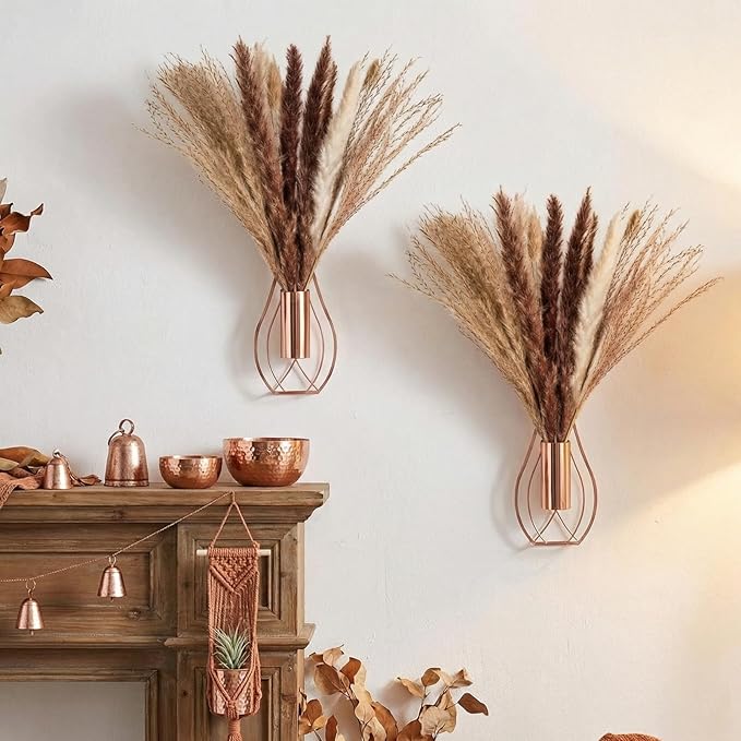 2 Pcs Boho Wall Decor Metal Wall Art Hanging Planter with Artificial Pampas Wall-Mounted Modern Home Decor Display Artwork Plant Hanging Vase for Bedroom Living Room Bathroom (Rose Gold)