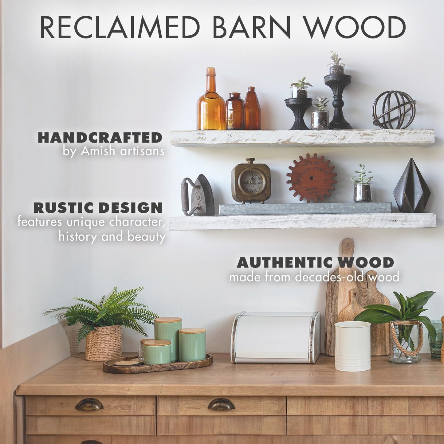 Urban Legacy Reclaimed Barnwood Planks | Floating Shelves for Wall w/Flush Mount Shelf Bracket Set Included | Set of 2 (White Wash, 40"x7"x 2")