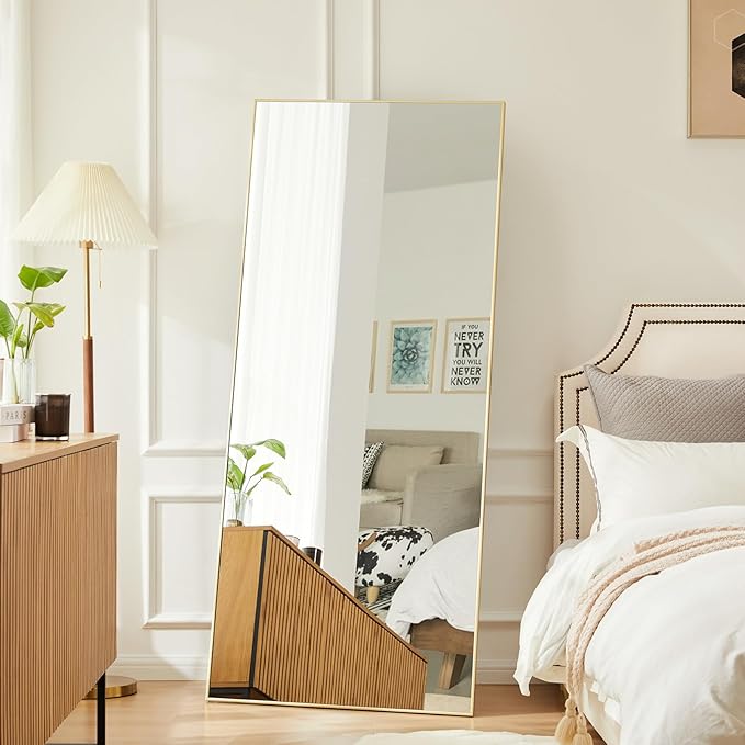 DUMOS Full Length Mirror with Stand 70.4"x25.6" Floor Standing Aluminum Frame for Bedroom Body Hanging Leaning Modern Simple Home Decor Shatter-proorf Nano Glass Wall Living Room Cloakroom Gold
