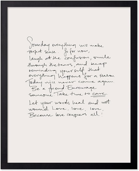 Poster Master Vintage Motivational Poster - Unique Print - Because Love Conquers All, Minimalist, Letter, Aesthetic - Gift for Artist, Friend - Wall Decor for Home, Office, 8x10 Black Framed