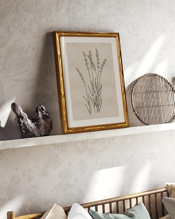 InSimSea Gold Bamboo Framed Canvas Wall Art, Minimalist Lavender Botanical Paintings, Antique Vintage Picture Frame with Mat, Victorian Home Wall Decor for Living Room Bedroom Gallery, 11x14inch