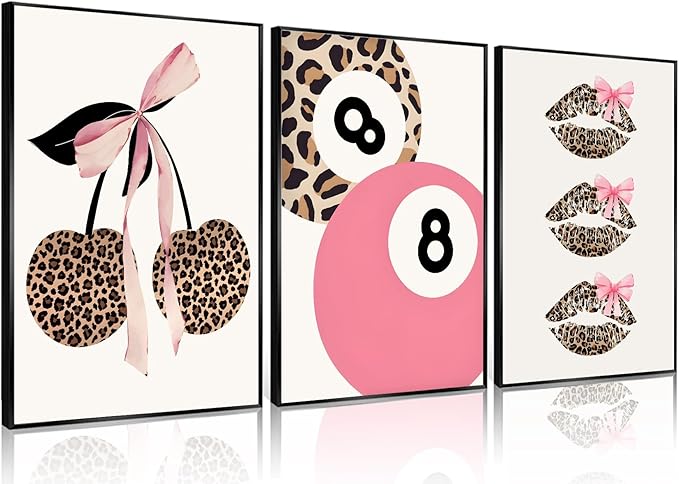 Trendy Pink Leopard Bow Wall Art Set of 3 Funky Cherry Lucky 8 Ball Posters Prints Cute Coquette Preppy Room Aesthetic Wall Decor Pictures for Girls Bedroom Apartment Dorm Unframed 12x16in