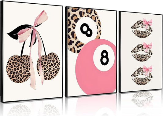 Trendy Pink Leopard Bow Wall Art Set of 3 Funky Cherry Lucky 8 Ball Posters Prints Cute Coquette Preppy Room Aesthetic Wall Decor Pictures for Girls Bedroom Apartment Dorm Unframed 16x24in
