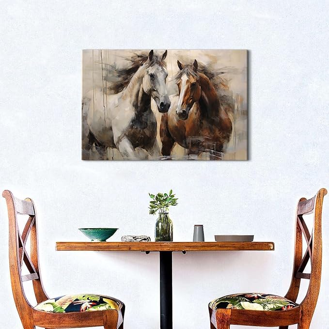 Vintage Horse Wall Art White and Brown Horses Canvas Painting for Office Rustic Farmhouse Animal Prints Retro Horse Pictures Wall Decor Western Artwork for Living Room Bedroom Home Decorations 16x24"