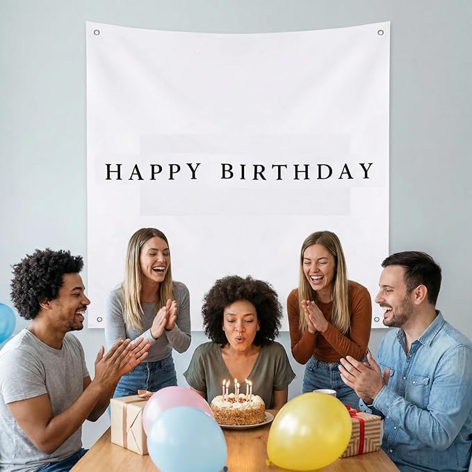 Oudain 59x59 Inch Happy Birthday Burlap Banner, Fabric Party Decorations Backdrop, Boho Rustic Photo Props Sign with Hanging String for Birthday Party Indoor Outdoor Yard Wall Decor