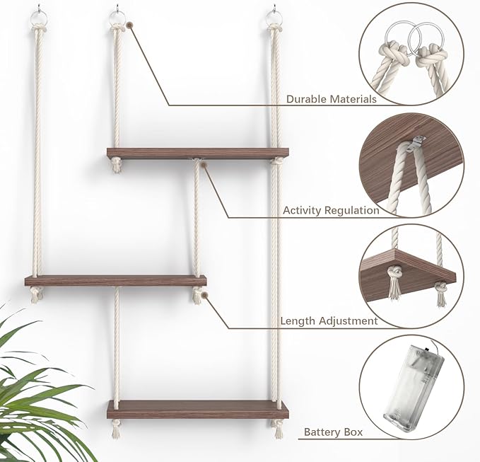 Hanging Shelves for Wall with Vine Lights, 3 Tier Rope Wall Hanging Plant Shelf, Boho Wall Decor Aesthetic for Succulents, Bedroom, Living Room, Bathroom (Rustic Brown)