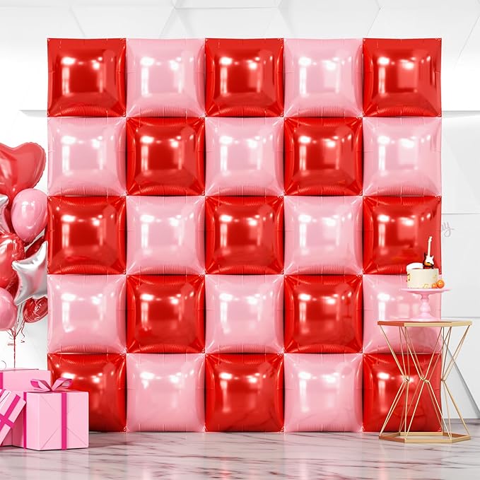 NISOCY 25PCS Red and Pearl Pink Square Foil Balloons Wall Backdrop Double Sided Red Pink Balloon Arch Kit for Birthday Bachelorette Anniversary Engagement Valentine's Day Strawberry Party Decoration