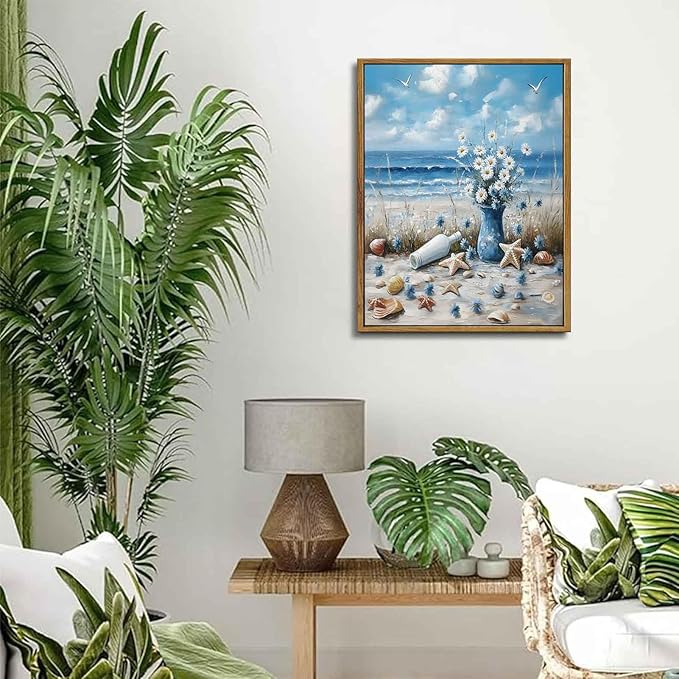 Framed Blue Ocean Beach Canvas Wall Art Coast Seashell Starfish painting Decor Pictures Blue Seaside White Daisy Posters Prints for Modern Coastal Themed Home Decoration Bathroom Room Decoration
