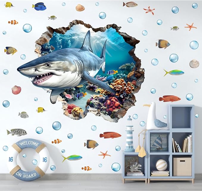 3D Large Shark Wall Decals(28.1”x22.8”), Watercolor Sea World Vinyl Wall Stickers, Removable Cartoon Under The Sea Animal Artwork for Baby Bedroom Playroom Bathroom Decor