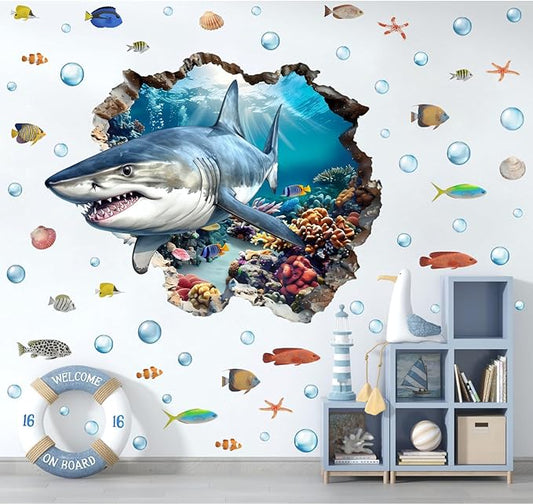 3D Large Shark Wall Decals(28.1”x22.8”), Watercolor Sea World Vinyl Wall Stickers, Removable Cartoon Under The Sea Animal Artwork for Baby Bedroom Playroom Bathroom Decor