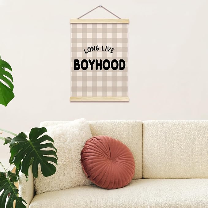 Long Live Boyhood Posters Hanger Frame for Boys Room Checkered Hanging Poster for Bedroom Kids Room Classroom Decor Wall Art Decor for Nursery Playroom Canvas Wall Art Print 16x12 Inches - YY042
