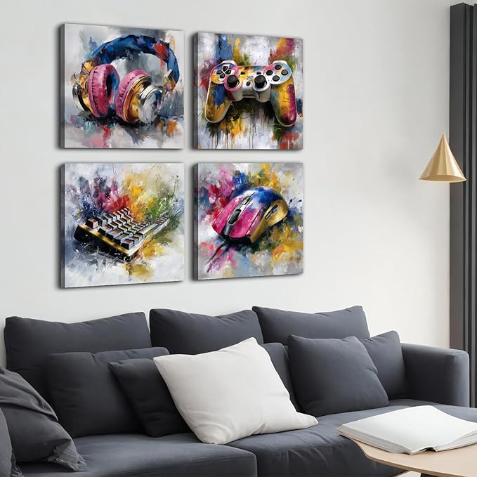 Large Gaming Wall Decor Colorful Gamer Canvas Art Pictures Watercolor Game Controller Headset Keyboard Mouse Paintings Posters Abstract Games Room Decorations for Teens Boys Bedroom Playroom 20x20”