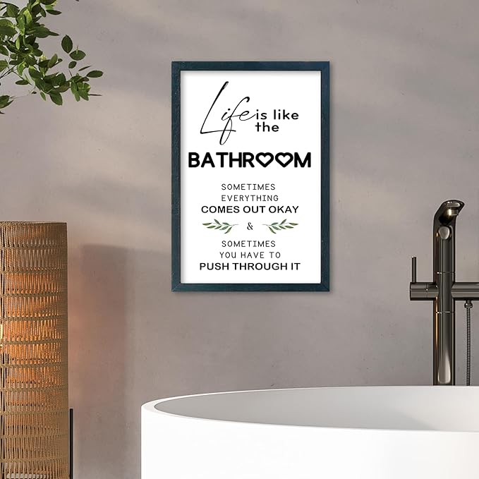 YWJKWLGS Funny Bathroom Decor Sign, Life is Like The Bathroom Wall Art with Wood Frame, 11x16 Inch, Farmhouse Bathroom Quote for Restroom Toilet (Black)