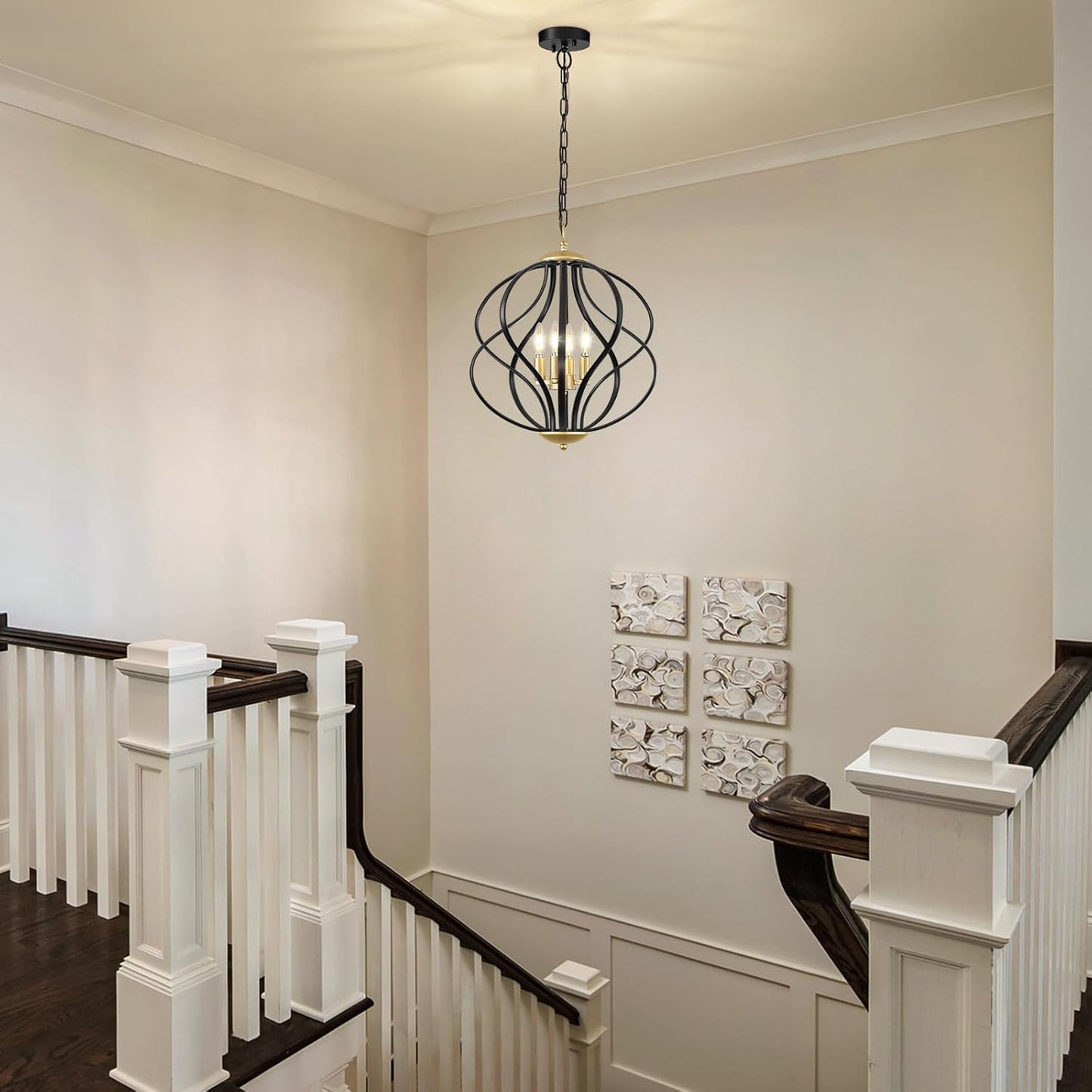 Modern Black and Gold Chandelier for Dining Room, 4 Lights Geometric Chandeliers, Sphere Chandelier Industrial Large Pendant Light Fixtures Hanging for Kitchen, Entryway, Foyer, Stairs