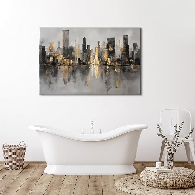 Abstract New York Skyline Wall Art Modern Black and Gold City Canvas Prints NYC Skyline Paintings Grey Contemporary Cityscape Framed Artwork for LIving Room Bedroom Office Home Decorations 32x48