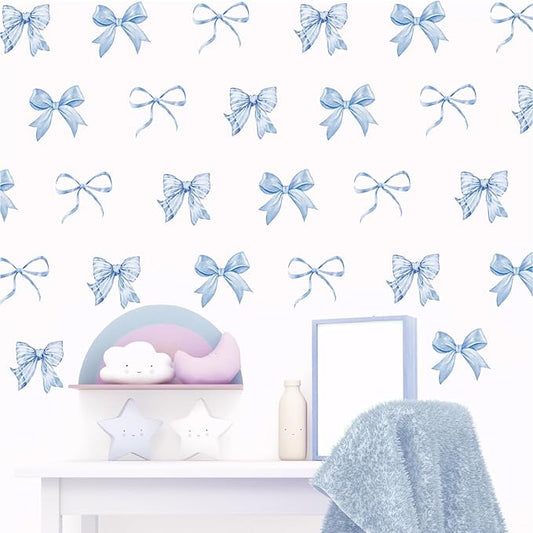 Whaline 12 Sheets Trendy Blue Bow Wall Stickers Watercolor Light Blue Bow Wall Decals Room Mural Stickers for Kids Bedroom Coquette Birthday Party Valentine's Day Home Nursery Decor, 7.9 x 11.8 Inch