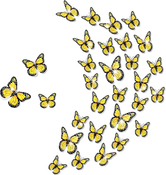 Chuangdi 48 Pcs Yellow Monarch Butterfly Decorations 3 Size Fake Butterflies Realistic Butterfly Craft Artificial Mariposas Wall Decor for Craft Wedding Home Birthday Party (3.2inch,4inch,4.7inch)