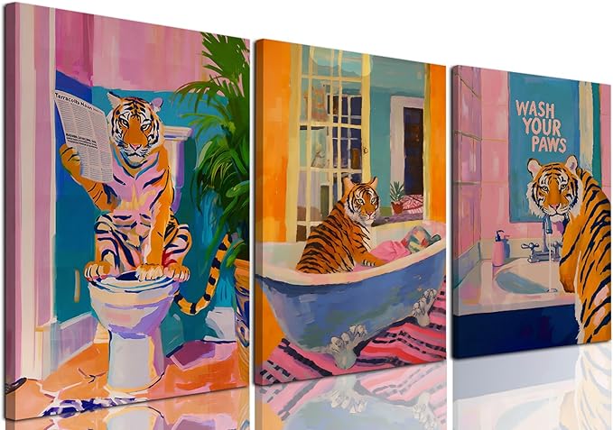 Funny Tiger Bathroom Wall Art Set of 3 Whimsical Tiger in Bathtub Canvas Wall Decor Painting Maximalist Animal Bathroom Poster Print Aesthetic 16x24 inch Framed