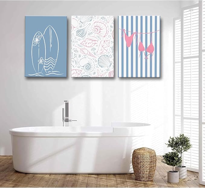 Beach Themed Wall Art Set of 3, Trendy Preppy Blue Surfboard Bikini Seashell Canvas Prints, Coastal Ocean Nautical Wall Decor Artwork for Bathroom Bedroom Living Room Home Decor 12x16 In Framed
