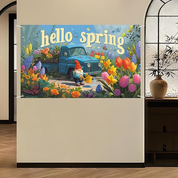 Hello Spring Backdrop 71'' x 43'' Hello Spring Banner Gnome Daisy Butterfly Backdrop Decorations for Photography Background Photo Prop Booth