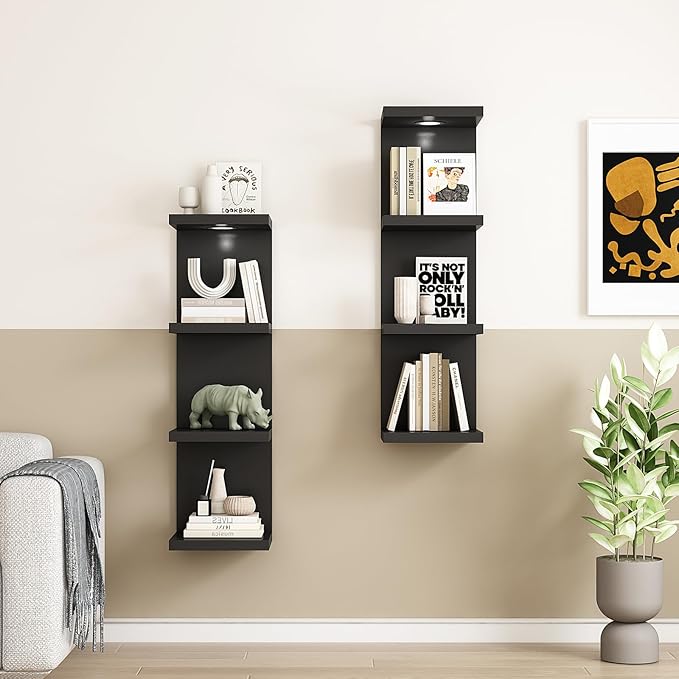 Versatile 4 Tier Wall Shelf Unit,Black Lack Wall Shelf,Display Floating Shelf with LED Remote Control Light