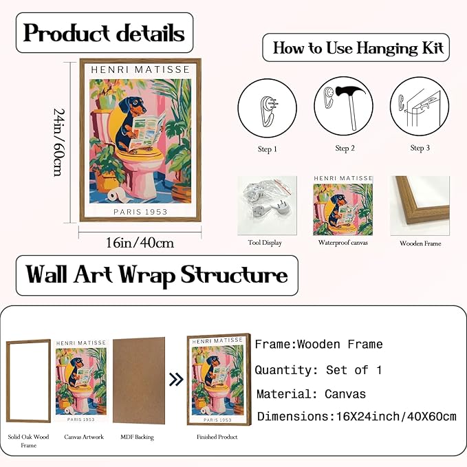 Funny Dog Bathroom Wall Art Henri Matisse Dachshund Bathroom Wall Decor Picture Whimsical Puppy Reading Newspaper in Toilet Poster Painting Canvas Print 16x24 inch Wood Framed