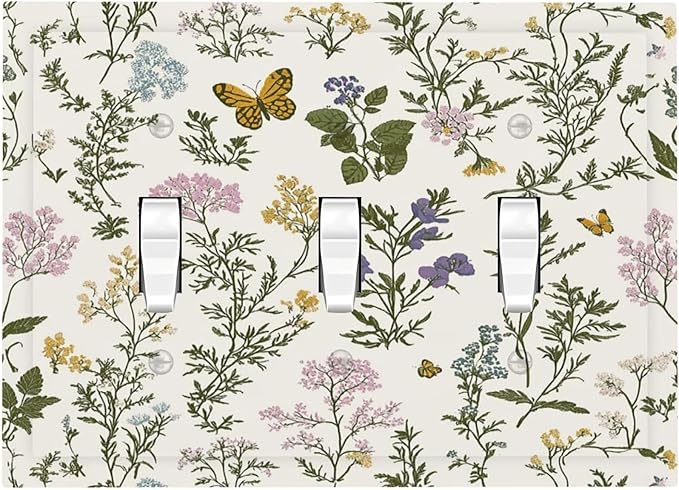 Decorative Switch Plates Vintage Colorful Flowers Butterfly Floral 3 Gang Wall Plate Triple Toggle Light Switch Cover Faceplate Electrical Wall Panels For Bed Room Living Room Decor