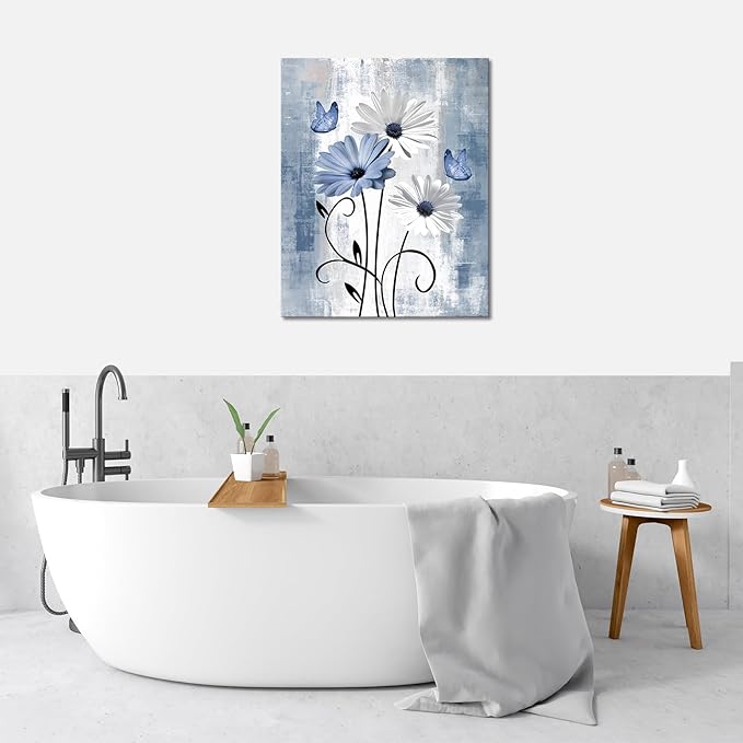 MYUSRE Farmhouse Blue Floral Wall Art for Living Room, Blue and White Daisy Butterfly on Abstract Geometric Canvas Wall Art Country Flower Pictures for Bedroom Bathroom Home Decor,10L X 8W inches