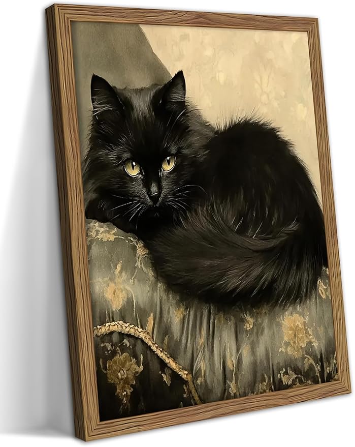 Black Cat Wall Art Framed, Vintage Cat Painting Print, Classical Animal Canvas Wall Decor, Rustic Cottagecore Aesthetic Pictures for Living Room Bedroom Home – 12x16 inch