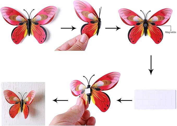 24pcs 3D Vivid Special Man-Made Lively Butterfly Wall Stickers Removable Butterflies Wall Decals 3D Nursery Art Decor for Kids Girls Bedroom Living Room Classroom Party Decoration Red