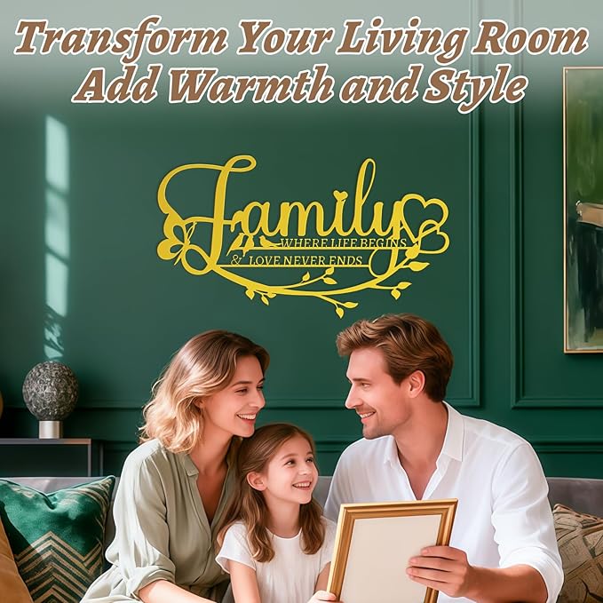 Family Signs Metal Wall Art Home Decor, Golden Family Where Life Begins Love Never Ends Sign Modern Wrought Iron Hanging Door Plaque Words Letters Decoration for Living Room Photos Dining Room Bedroom Housewarming Christmas
