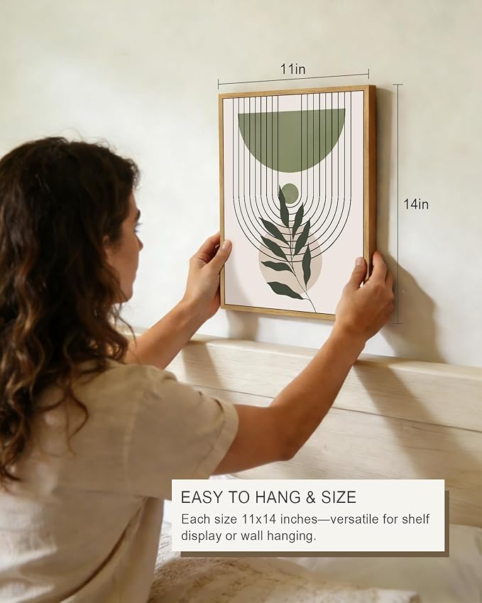 Drsoum Green Botanical Boho Wall Art Framed Modern Sage Bohemian Plant Wall Decor Abstract Geometry Lines Prints Ready to Hang 11x14in Natural Framed