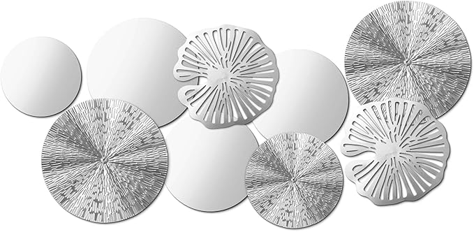 Hicarer 9 Pcs Circle Mirrors Metal Home Decor Wall Decorative Modern Round Accent Wall Art Sculpture Hanging Decorations for Living Room Office Bedroom Kitchen(Silver)
