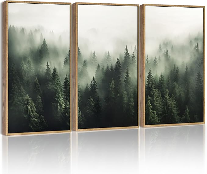 SHENIFY Green Fog Pine Tree Forest Canvas Wall Art Large 16x24in Framed Nature Modern Artwork Prints Decor - Natural Framed