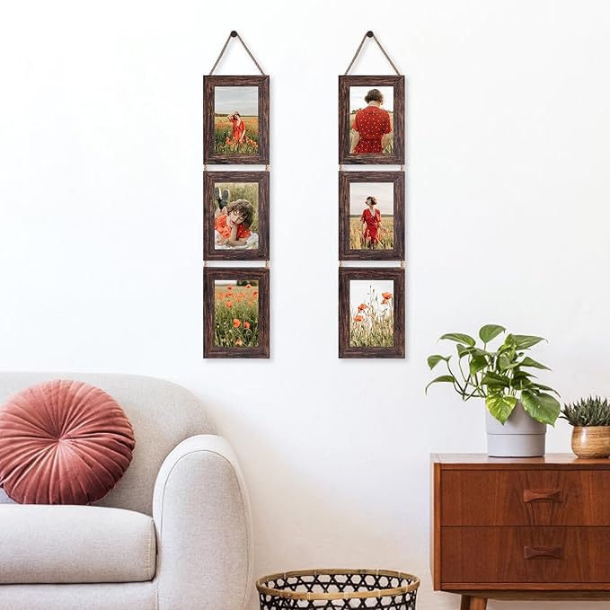 QUTREY 4x6 Picture Frames Collage, 3 Openings 4 x 6 Vertical Hanging Photo Frames Display 4 by 6 inch Pictures for Wall Decor Room Decor, Distressed Brown