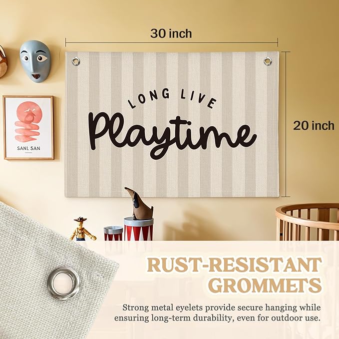 Playroom Decor, Long Live Playtime Linen Canvas Banner – Wall Hanging for Kids Room, Nursery and Toddler Room – Inspirational Decor for Kids Bedroom 30x20 Inch