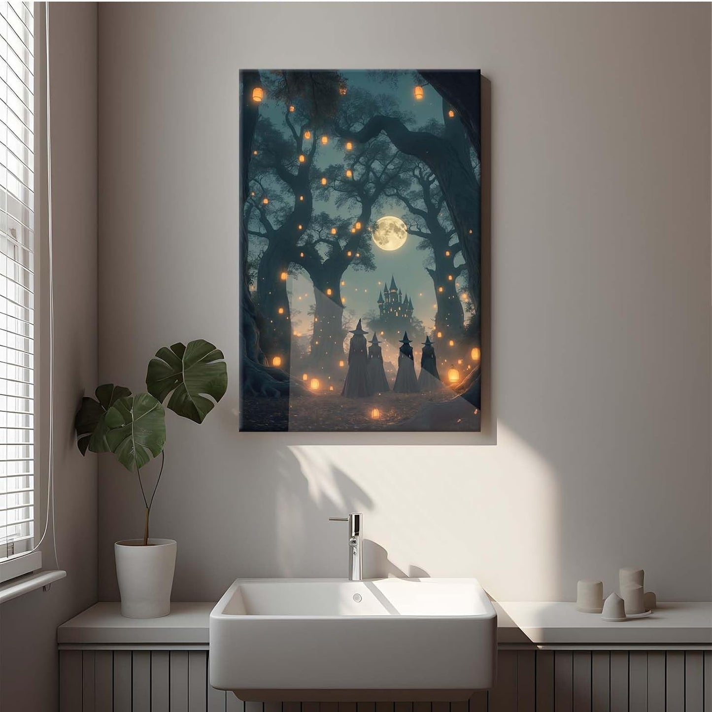 JFHCQJPK Mysterious creek painting witch and castle in magic forest art print canvas gothic print dark college decoration poster for home bedroom8x12in Frameless