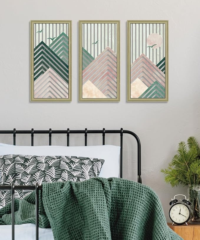 Putuo Decor Boho Mountain Wall Decor Set of 3, Rustic Farmhouse Wooden Wall Art, Nature-Inspired Geometric Artwork, Mid-Century Modern Aesthetic for Living Room Bedroom Entryway, Pink