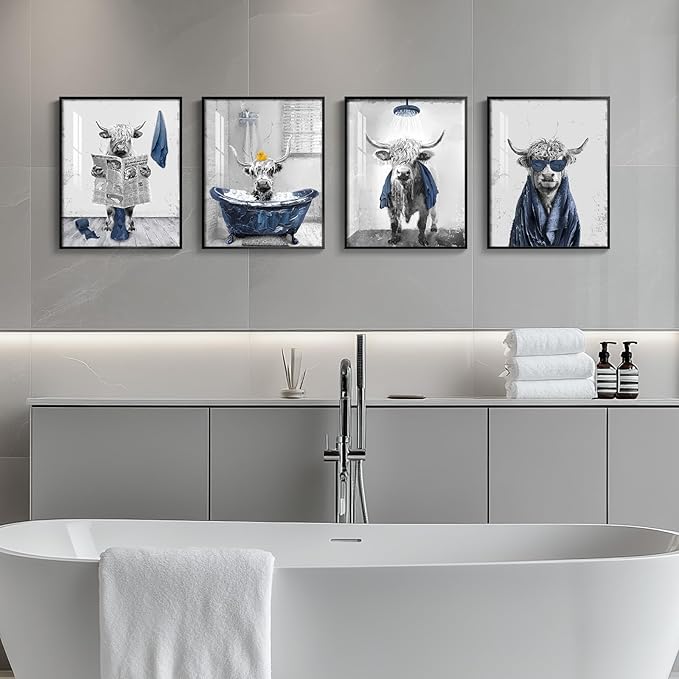 Framed Funny Highland Cow Wall Art for Bathroom Wall Decor, Set of 4 Piece Farm Fun Animal Navy Blue Prints Artwork for Walls, Cute Cow sitting on Toilet in Bathtub Pictures for Bathroom Decor Wall Art 11x14 Inch