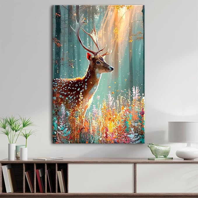 Deer Wall Art Fall Forest Wall Decor Nature Autumn Landscape Picture Rustic Wildlife Animal Canvas Prints Farmhouse Elk Painting Colorful Flowers Artwork for Bedroom Living Room Home Decoration 24x36"
