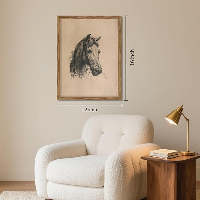 Framed Horse Wall Art, Vintage Horse Head Sketch Canvas Print, Farmhouse Animal Wall Decor, Classic Country Pictures Artwork for Living Room Bedroom Home Decor – 12x16 inch