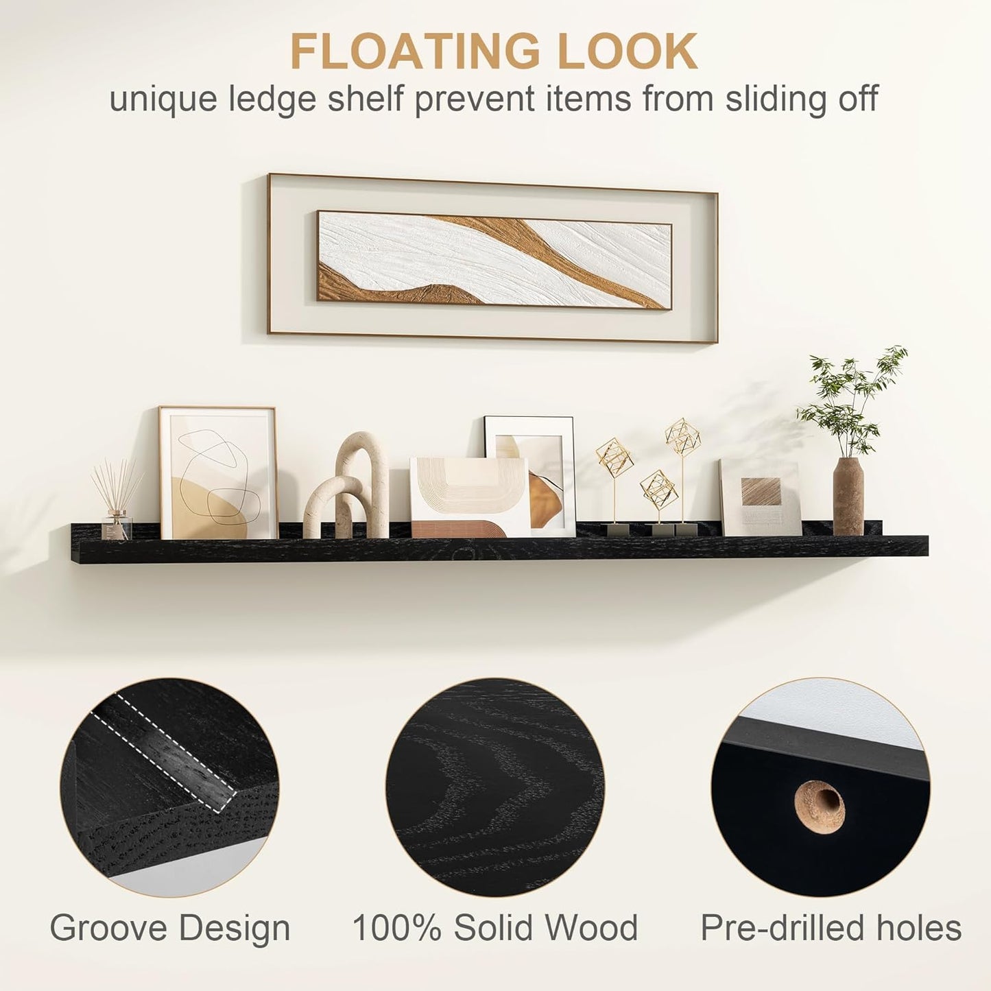 Floating Picture Ledge Shelves 55 Inch Solid Oak Wood Set of 2, Rustic Wall Storage Shelves with Lip, Kids Bookshelf, Photo & Picture Ledge Shelves for Bedroom, Living Room, Kitchen