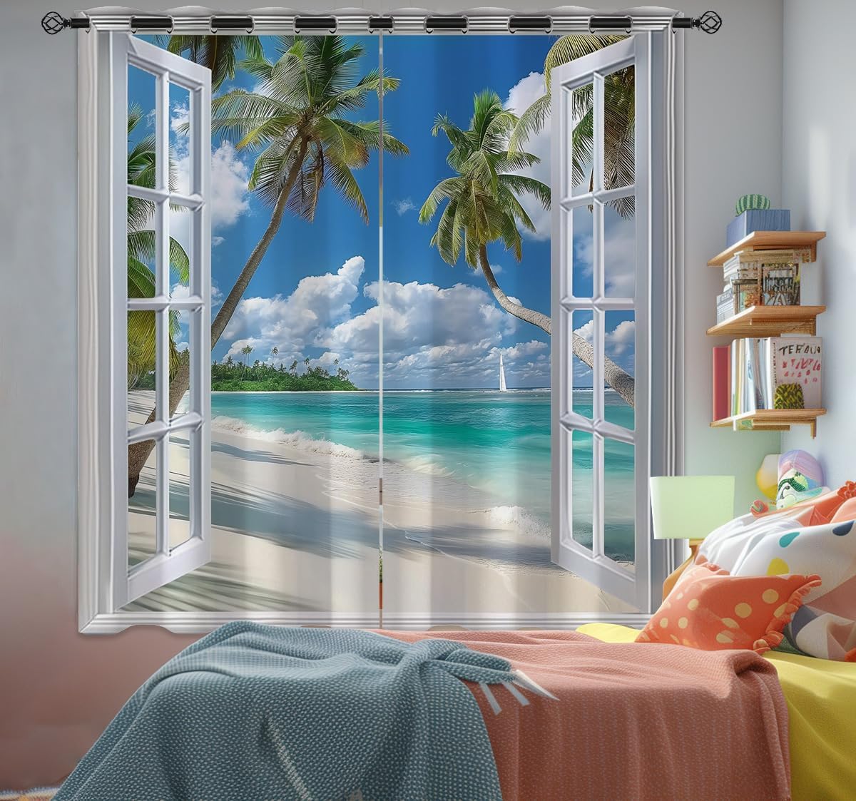 Beach Blackout Curtains for Girls Boys Teens Home Decor, Tropical Summer Scene Ocean Island Palm Tree Grommet Thermal Insulated Drapes Darkening Window Curtain for Bedroom Living Room, 72 x 63 Inch