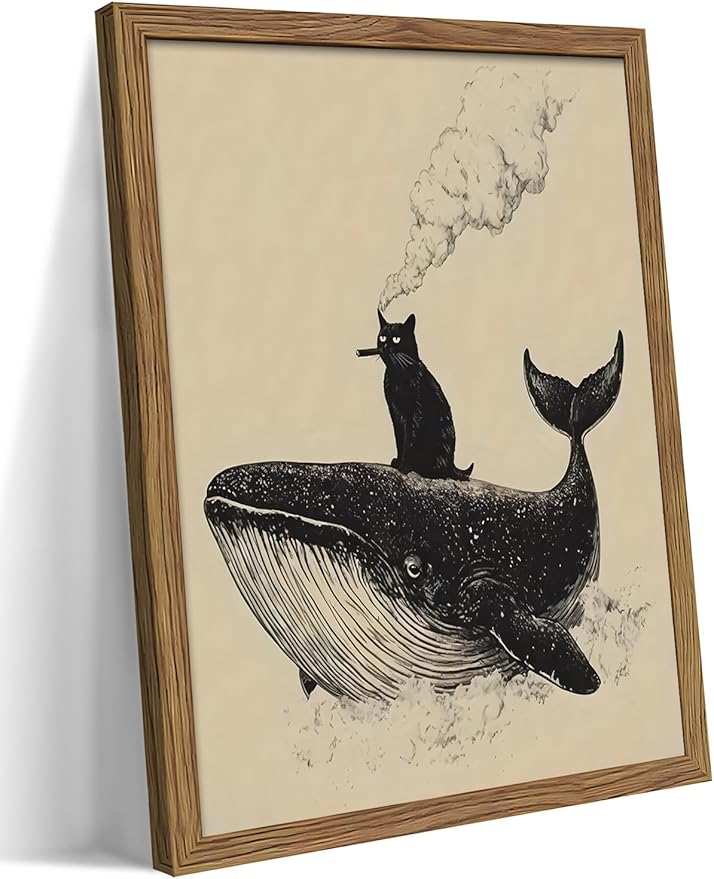 Framed Cat Wall Art, Funny Black Cat Riding a Whale Canvas, Vintage Abstract Oil Painting, Country Home Room Wall Decor, Humorous Pictures Artwork Prints for Living Room Bedroom – 8x10 inch