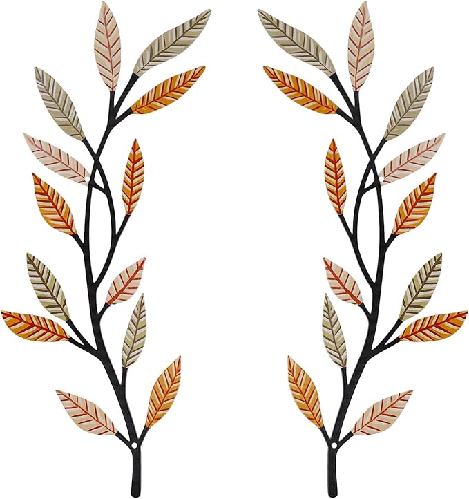 Metal Tree Leaf Wall Decor 2 PCS Rustic Vine Branch Leaf Wall Art for Living Room Bedroom Bathroom Decorations - Sunlit Wheat