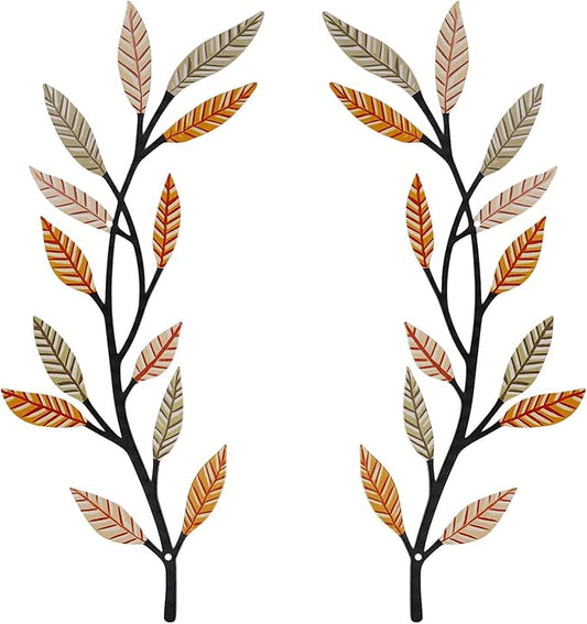 Metal Tree Leaf Wall Decor 2 PCS Rustic Vine Branch Leaf Wall Art for Living Room Bedroom Bathroom Decorations - Sunlit Wheat