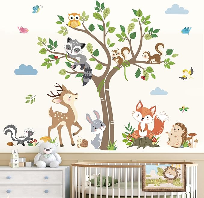 decalmile Woodland Animals Tree Wall Decals Forest Animals Deer Fox Rabbit Racoon Wall Stickers Living Room Baby Nursery Kids Room Wall Decor