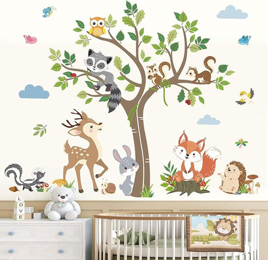 decalmile Woodland Animals Tree Wall Decals Forest Animals Deer Fox Rabbit Racoon Wall Stickers Living Room Baby Nursery Kids Room Wall Decor