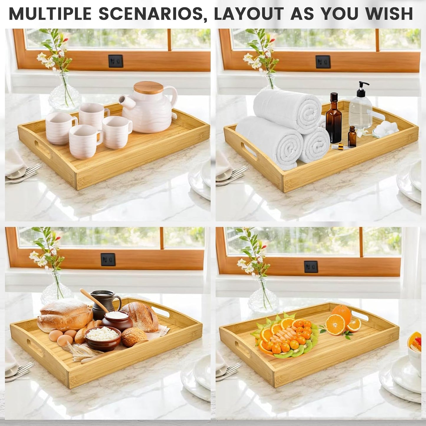 Bamboo Serving Tray with Handles Set of 2 - Decorative Wooden Trays for Eating, Working, and Storing, Suitable for Use in Bedroom, Living Room, Kitchen, Bathroom, Outdoor Scenarios and More
